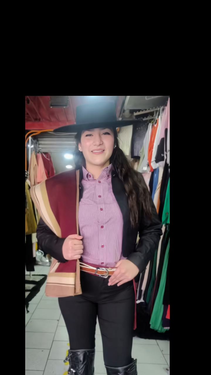 Huasa corralera con chaqueta, blusa rosada, manta y botas